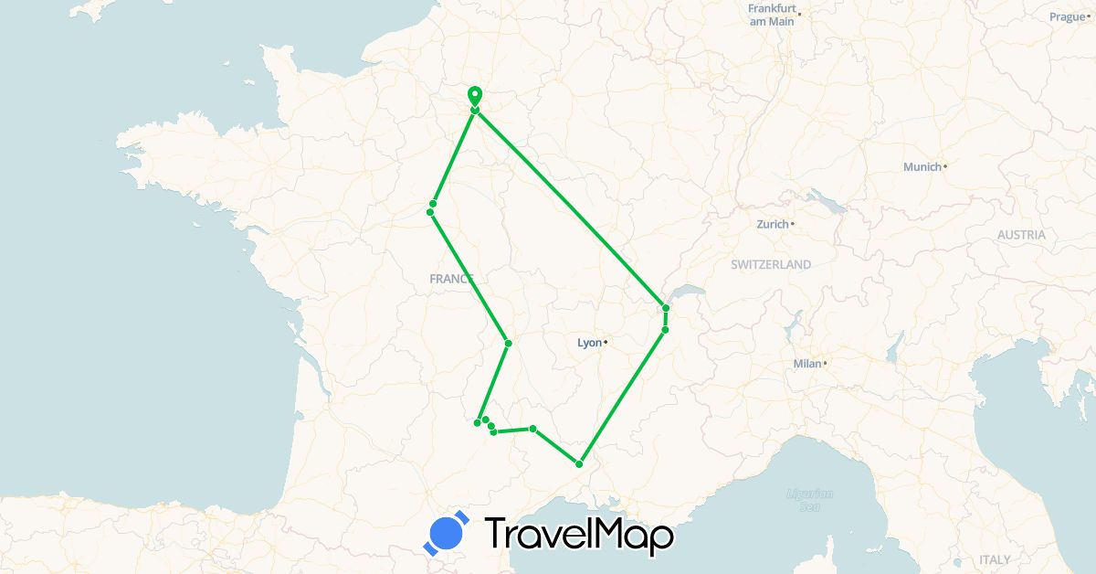 TravelMap itinerary: bus in Switzerland, France (Europe)